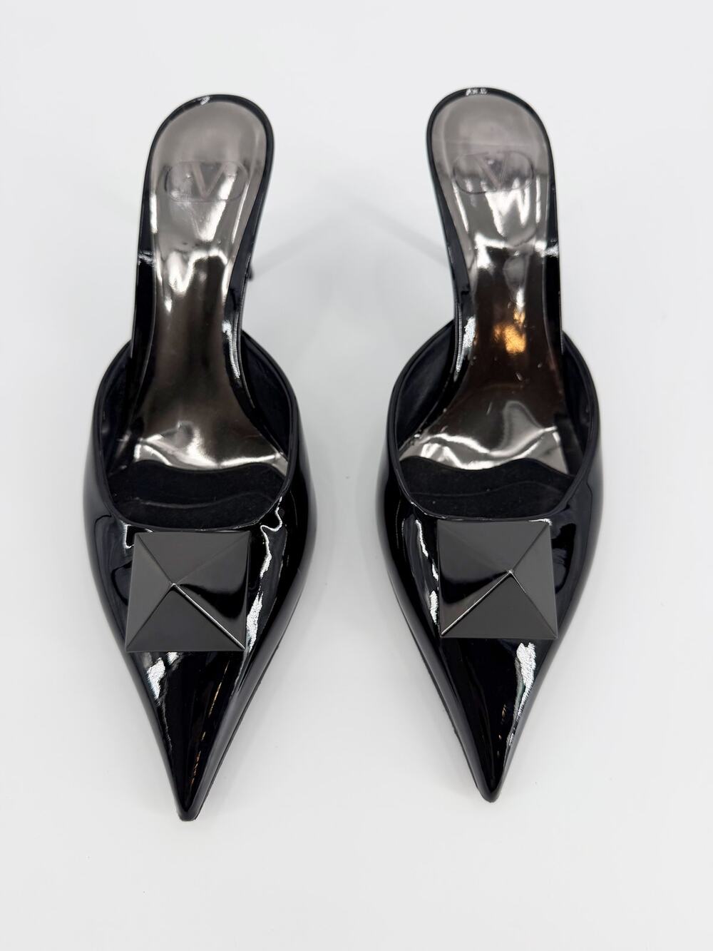Valentino Garavani One Stud Black Patent Leather Mules Heels Size 39 EU 8.5